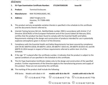 ATEX EU Type Examination Certificate - Equipment